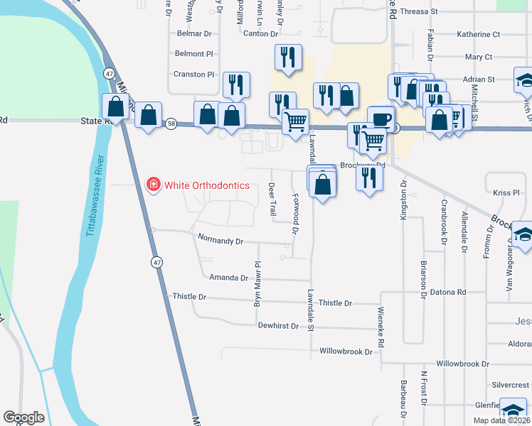 map of restaurants, bars, coffee shops, grocery stores, and more near 26 Deer Trail in Saginaw