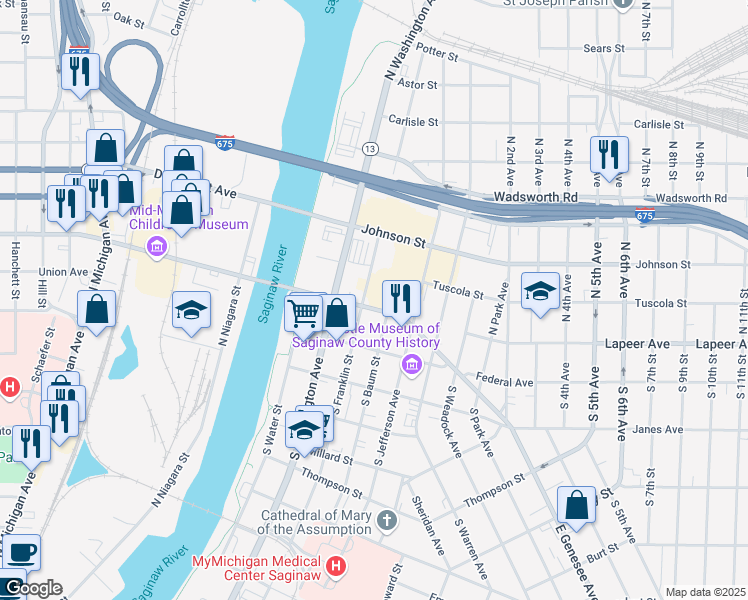 map of restaurants, bars, coffee shops, grocery stores, and more near 311 East Genesee Avenue in Saginaw