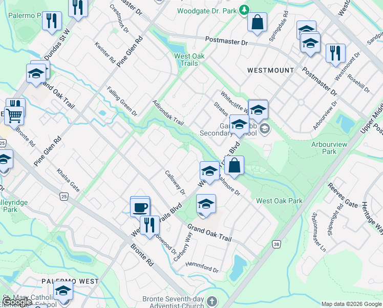 map of restaurants, bars, coffee shops, grocery stores, and more near 2290 Canonridge Circle in Oakville