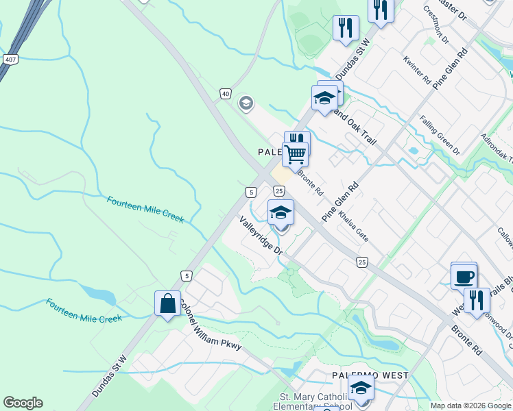 map of restaurants, bars, coffee shops, grocery stores, and more near 3061 Dewridge Avenue in Oakville