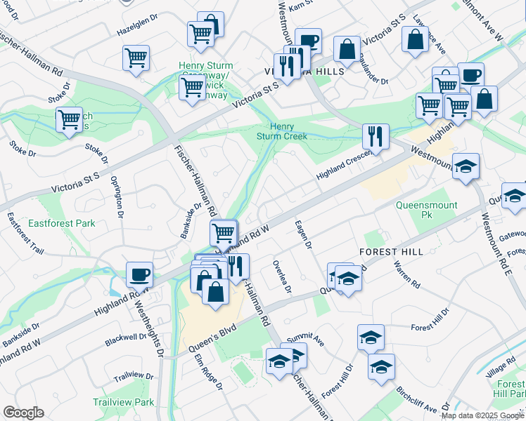 map of restaurants, bars, coffee shops, grocery stores, and more near 205 Highland Crescent in Kitchener
