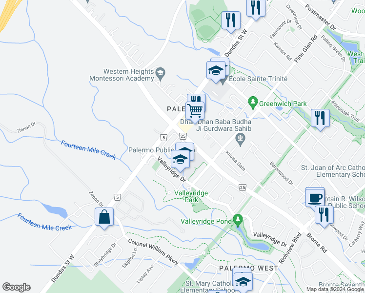 map of restaurants, bars, coffee shops, grocery stores, and more near 3034 Drumloch Avenue in Oakville
