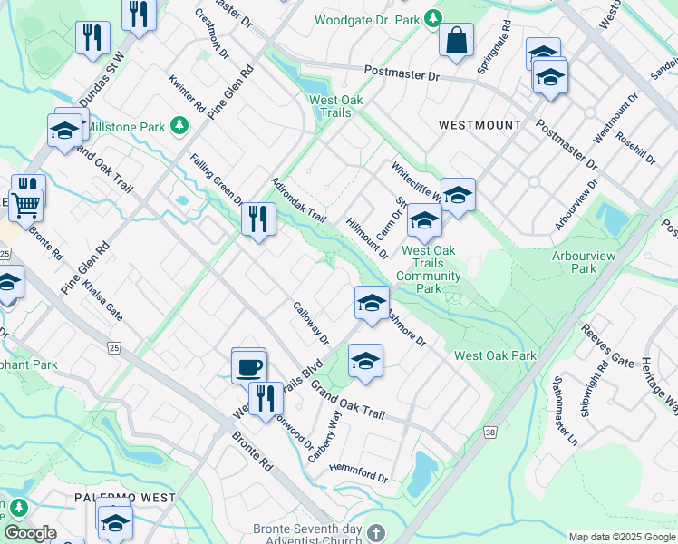 map of restaurants, bars, coffee shops, grocery stores, and more near 2290 Canonridge Circle in Oakville