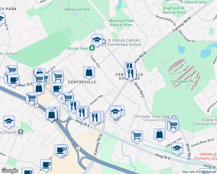map of restaurants, bars, coffee shops, grocery stores, and more near 162 Jansen Avenue in Kitchener