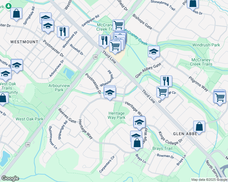 map of restaurants, bars, coffee shops, grocery stores, and more near 1394 Wheelwright Road in Oakville