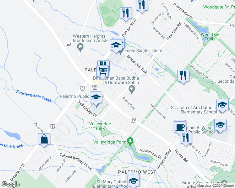 map of restaurants, bars, coffee shops, grocery stores, and more near 2451 Old Bronte Road in Oakville