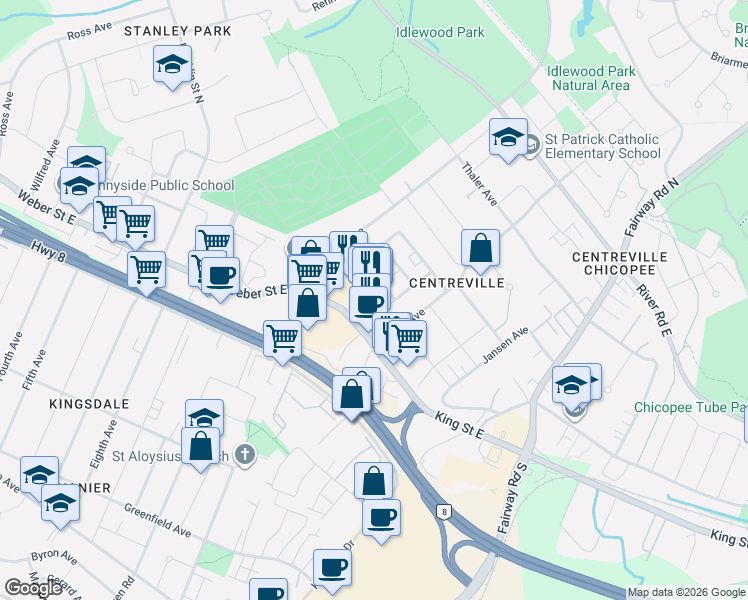 map of restaurants, bars, coffee shops, grocery stores, and more near 1400 Weber Street East in Kitchener