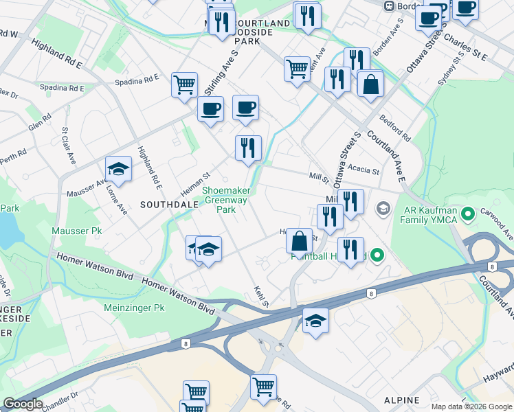 map of restaurants, bars, coffee shops, grocery stores, and more near 14 Meinzinger Avenue in Kitchener