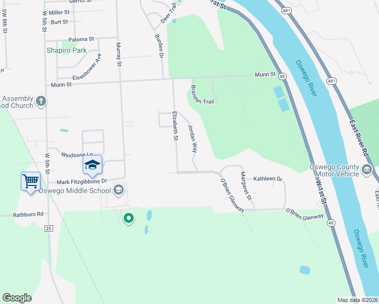 map of restaurants, bars, coffee shops, grocery stores, and more near 19 Elizabeth Street in Oswego