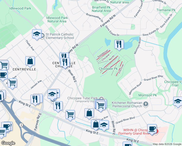 map of restaurants, bars, coffee shops, grocery stores, and more near 3 Chicopee Terrace in Kitchener