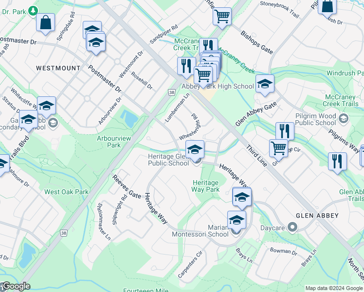 map of restaurants, bars, coffee shops, grocery stores, and more near 1425 Wheelwright Road in Oakville