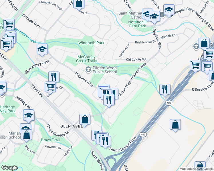 map of restaurants, bars, coffee shops, grocery stores, and more near 1235 Blackburn Drive in Oakville