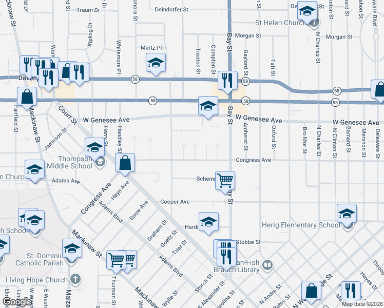 map of restaurants, bars, coffee shops, grocery stores, and more near 10 Congress Court D in Saginaw