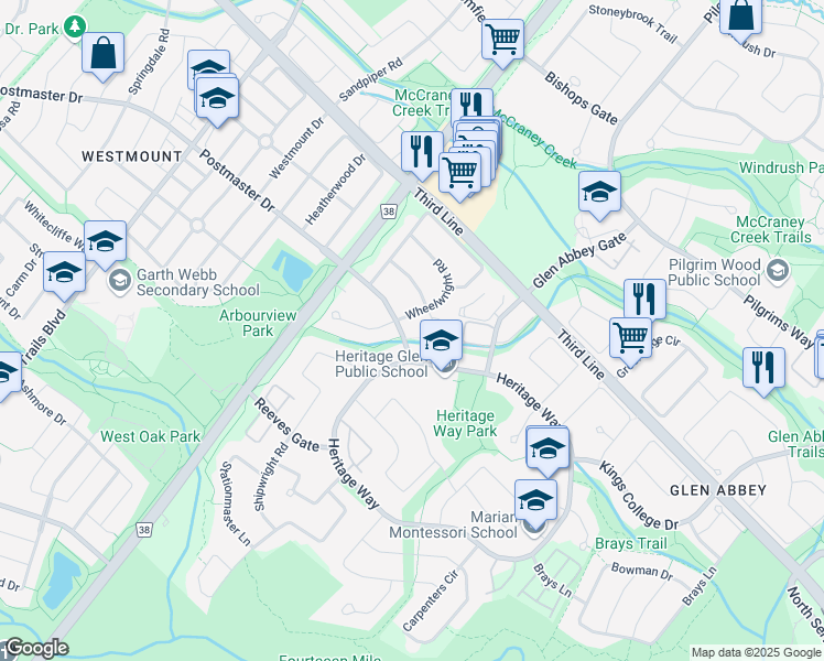 map of restaurants, bars, coffee shops, grocery stores, and more near 1425 Wheelwright Road in Oakville