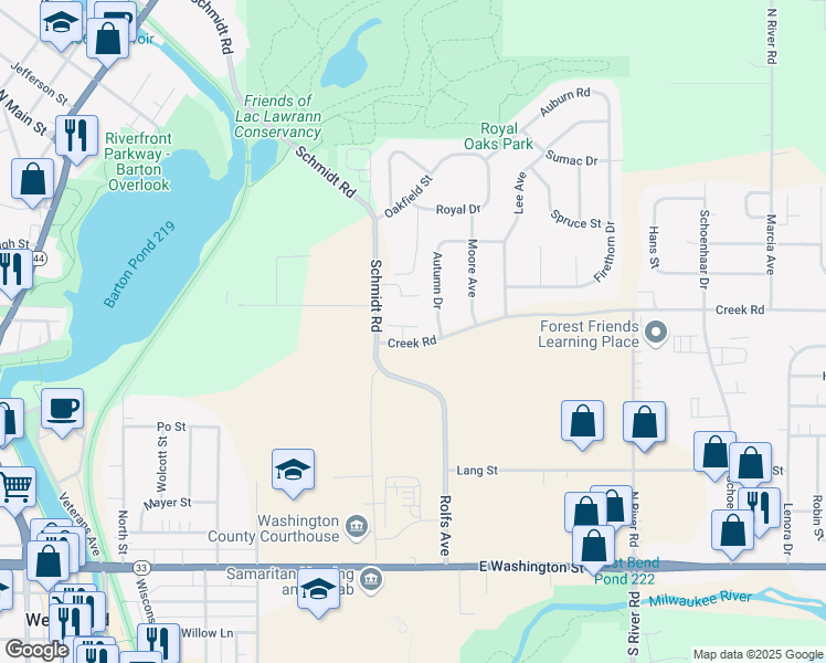map of restaurants, bars, coffee shops, grocery stores, and more near 1119 Schmidt Road in West Bend