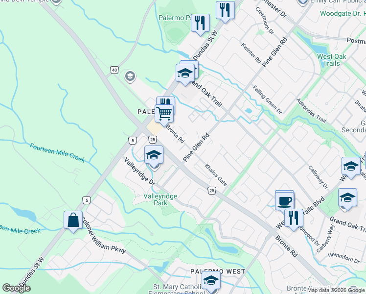 map of restaurants, bars, coffee shops, grocery stores, and more near 2450 Old Bronte Road in Oakville