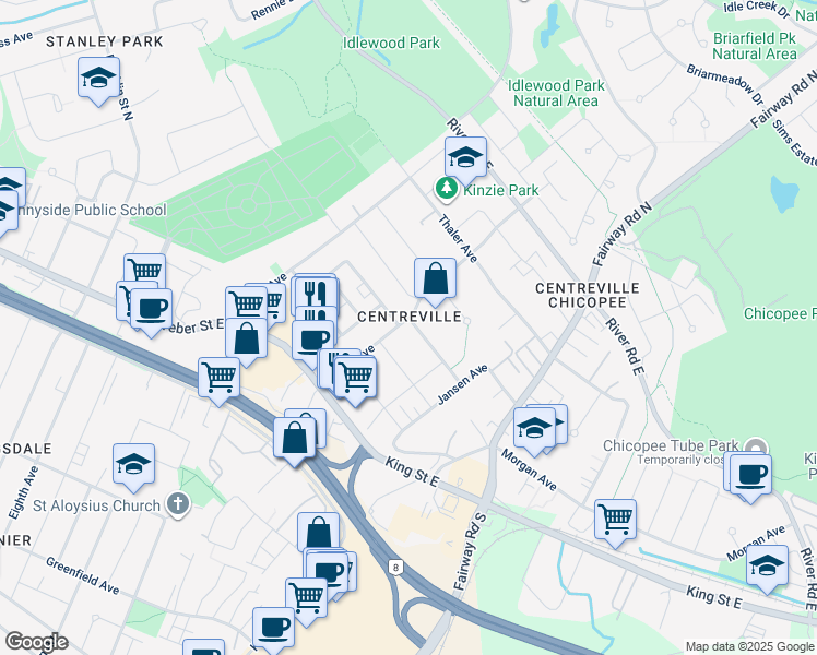 map of restaurants, bars, coffee shops, grocery stores, and more near in Kitchener