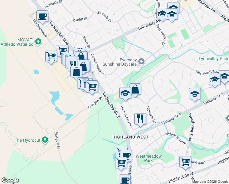 map of restaurants, bars, coffee shops, grocery stores, and more near 303 Countrystone Crescent in Kitchener
