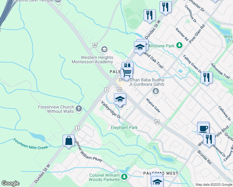 map of restaurants, bars, coffee shops, grocery stores, and more near 3033 Drumloch Avenue in Oakville