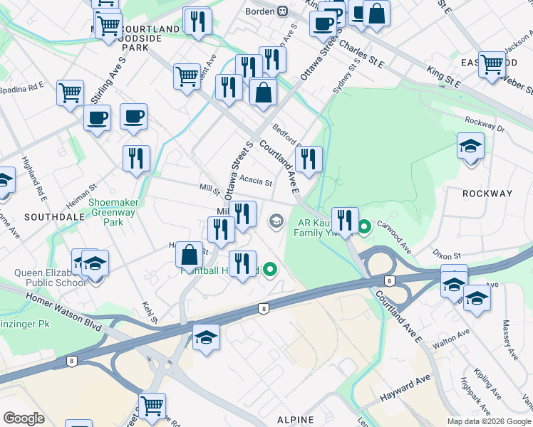 map of restaurants, bars, coffee shops, grocery stores, and more near 509 Mill Street in Kitchener
