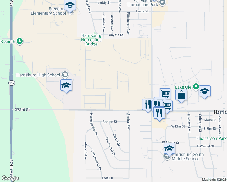 map of restaurants, bars, coffee shops, grocery stores, and more near 47476 County Highway 110 in Harrisburg