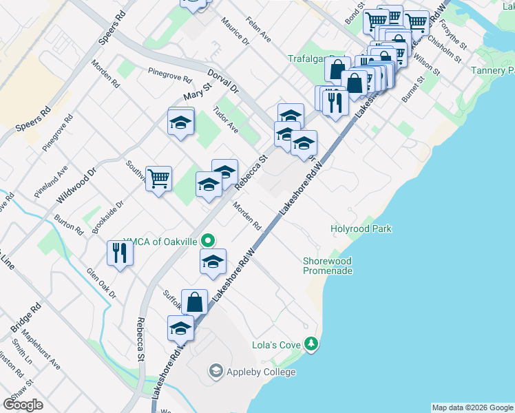 map of restaurants, bars, coffee shops, grocery stores, and more near 130 Tavistock Square in Oakville