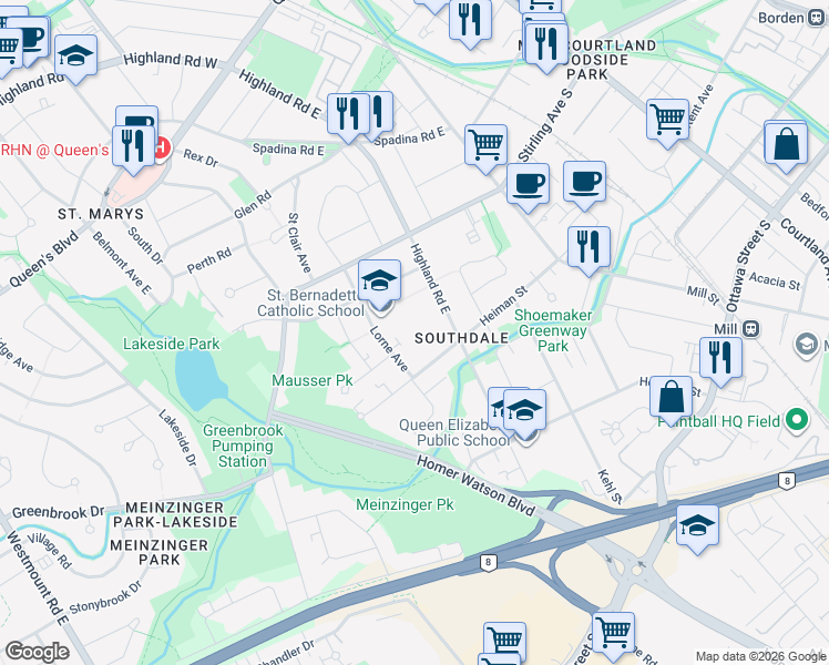 map of restaurants, bars, coffee shops, grocery stores, and more near 164 Heiman Street in Kitchener