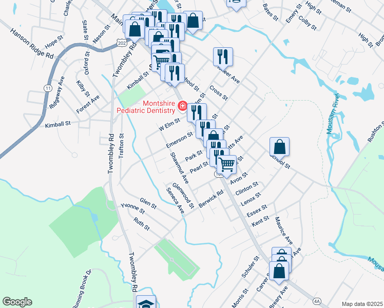 map of restaurants, bars, coffee shops, grocery stores, and more near 5 Park Street in Sanford