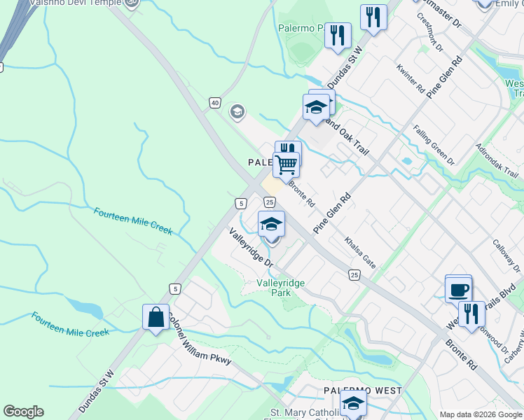map of restaurants, bars, coffee shops, grocery stores, and more near 3034 Dewridge Avenue in Oakville