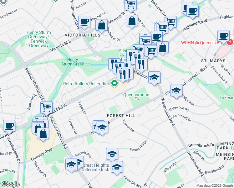 map of restaurants, bars, coffee shops, grocery stores, and more near 563 Highland Road West in Kitchener