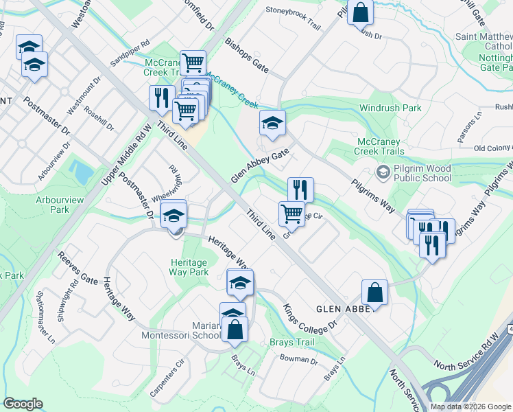 map of restaurants, bars, coffee shops, grocery stores, and more near 1394 Peartree Circle in Oakville