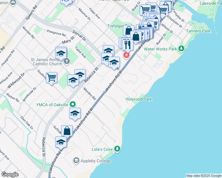 map of restaurants, bars, coffee shops, grocery stores, and more near 302 Lakeshore Road West in Oakville