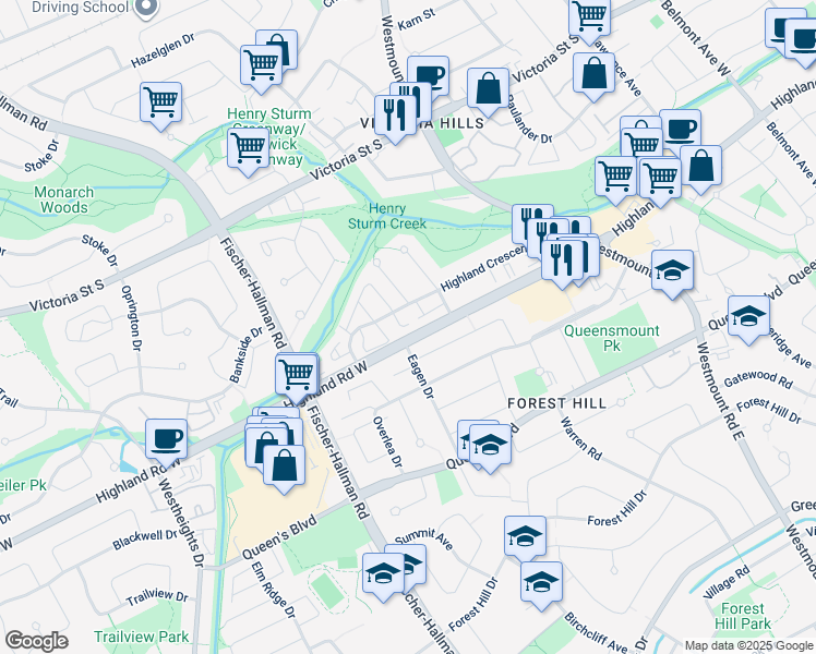 map of restaurants, bars, coffee shops, grocery stores, and more near 171 Highland Crescent in Kitchener