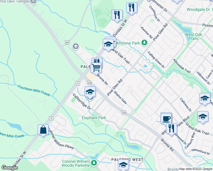 map of restaurants, bars, coffee shops, grocery stores, and more near 2450 Old Bronte Road in Oakville
