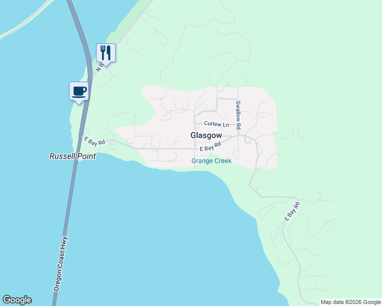 map of restaurants, bars, coffee shops, grocery stores, and more near 67563 East Bay Road in North Bend