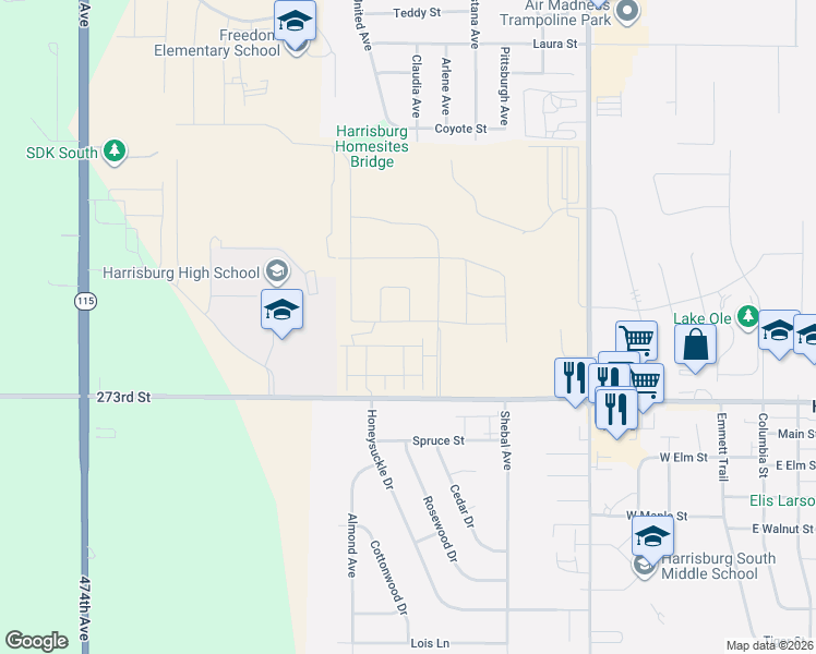map of restaurants, bars, coffee shops, grocery stores, and more near 47464 County Highway 110 in Harrisburg