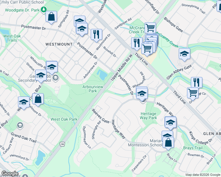 map of restaurants, bars, coffee shops, grocery stores, and more near 1504 Tanner Court in Oakville