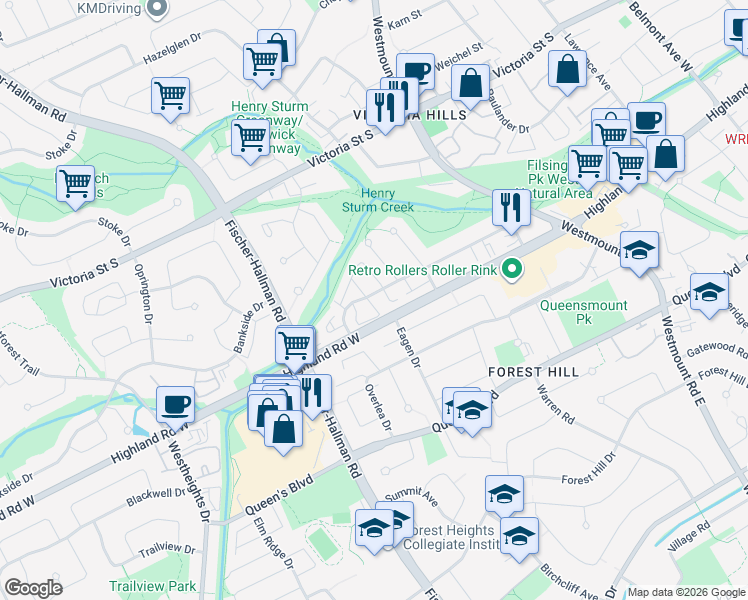 map of restaurants, bars, coffee shops, grocery stores, and more near 205 Highland Crescent in Kitchener