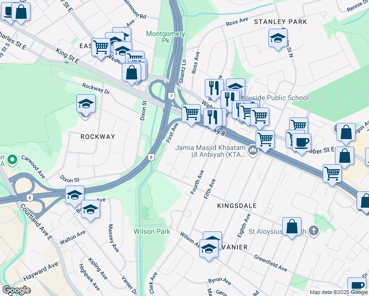 map of restaurants, bars, coffee shops, grocery stores, and more near 59 2nd Avenue in Kitchener