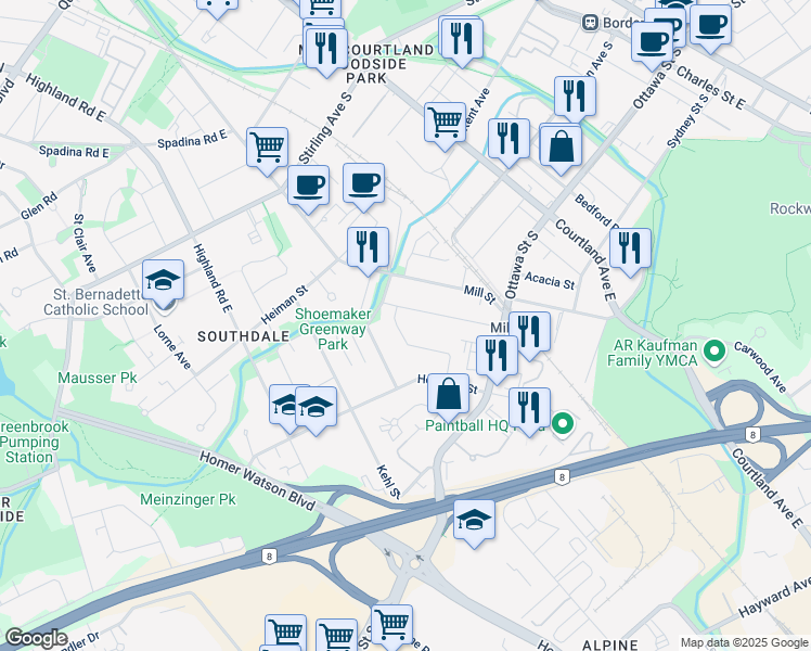 map of restaurants, bars, coffee shops, grocery stores, and more near 27 Pattandon Avenue in Kitchener