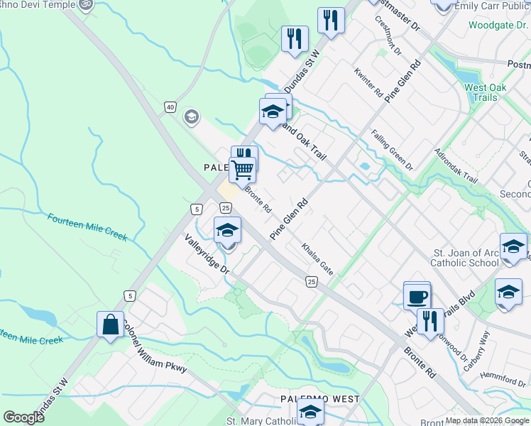 map of restaurants, bars, coffee shops, grocery stores, and more near 2450 Old Bronte Road in Oakville