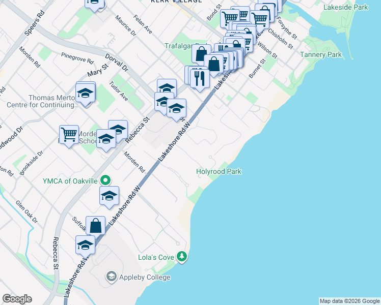 map of restaurants, bars, coffee shops, grocery stores, and more near 69 Holyrood Avenue in Oakville