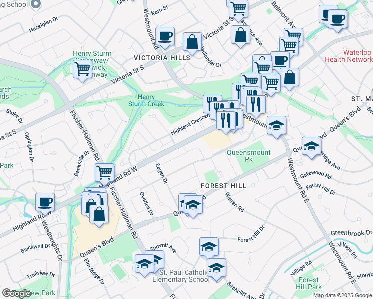 map of restaurants, bars, coffee shops, grocery stores, and more near 64 Ralgreen Crescent in Kitchener