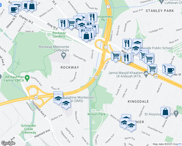 map of restaurants, bars, coffee shops, grocery stores, and more near 105 Dixon Street in Kitchener