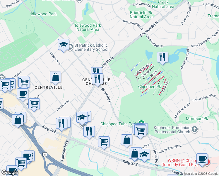 map of restaurants, bars, coffee shops, grocery stores, and more near 18 Volta Avenue in Kitchener