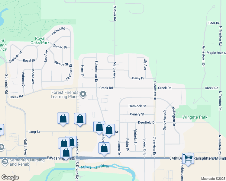 map of restaurants, bars, coffee shops, grocery stores, and more near 1715 Creek Road in West Bend