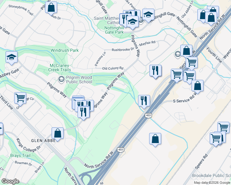 map of restaurants, bars, coffee shops, grocery stores, and more near 1272 Fieldcrest Lane in Oakville