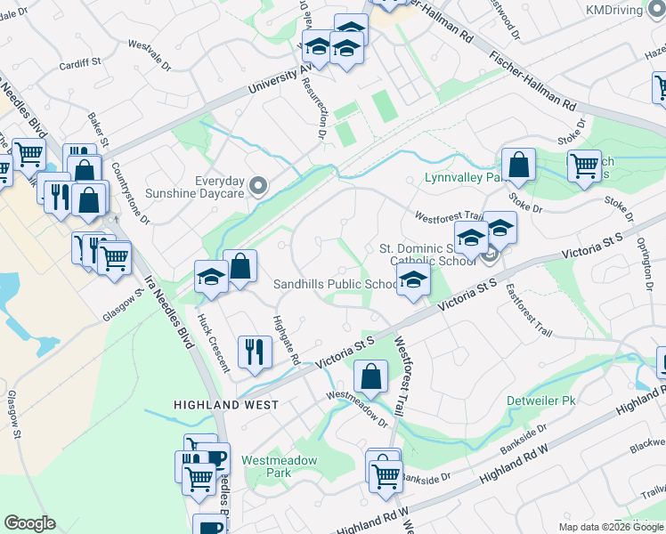 map of restaurants, bars, coffee shops, grocery stores, and more near 26 Shadyridge Place in Kitchener