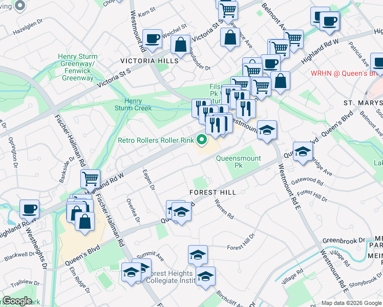 map of restaurants, bars, coffee shops, grocery stores, and more near 563 Highland Road West in Kitchener