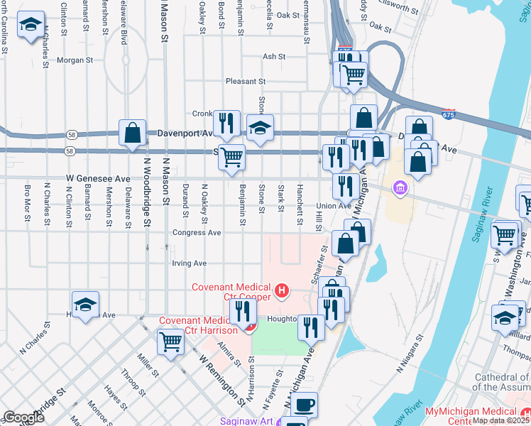 map of restaurants, bars, coffee shops, grocery stores, and more near 1003 Union Avenue in Saginaw